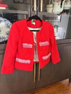 Vintage J. Crew Red Open-Front Blazer with Pink Trim 100% Wool